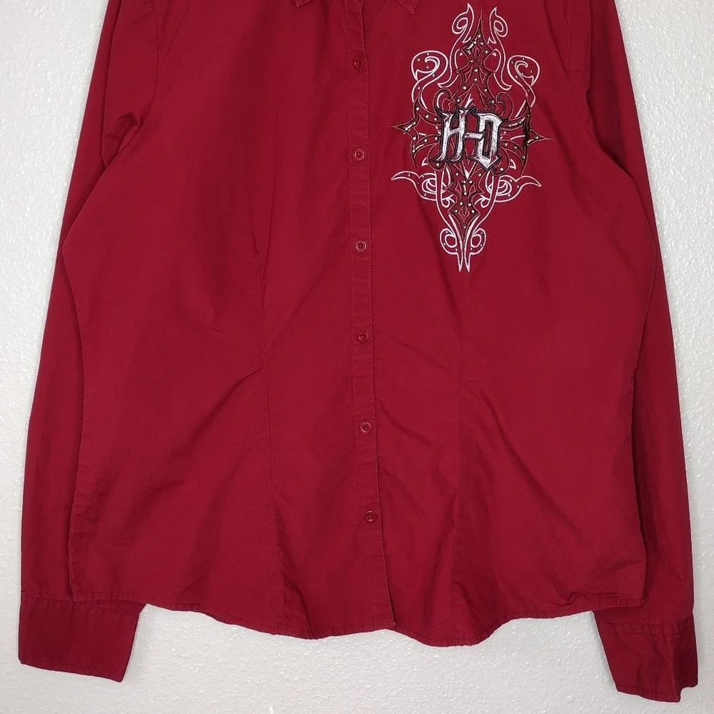 Harley-Davidson Red Embroidery Long Sleeve Button Down Shirt Sz XL